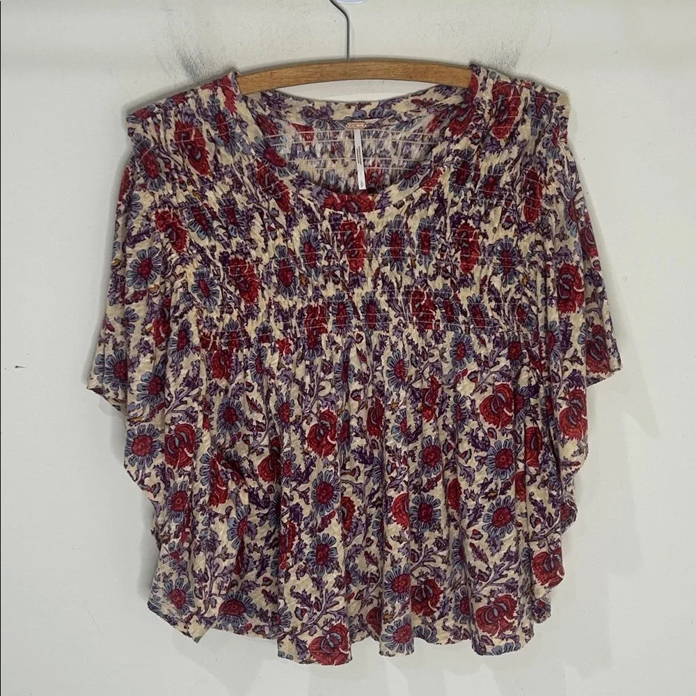 FREE PEOPLE Boho Multi-Color Floral Cropped Blouse Size Small